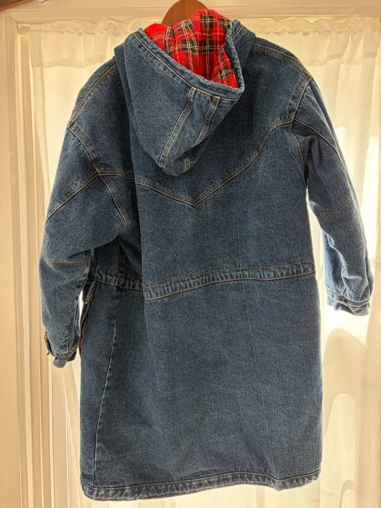 Denim Hooded Coat with Red Plaid Lining - Picture 4 of 5